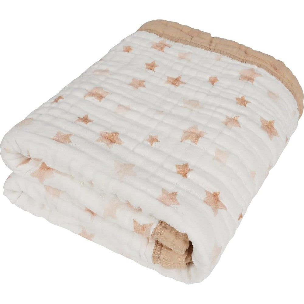 Natchiketa organic cotton muslin baby blanket front view showing neutral star pattern