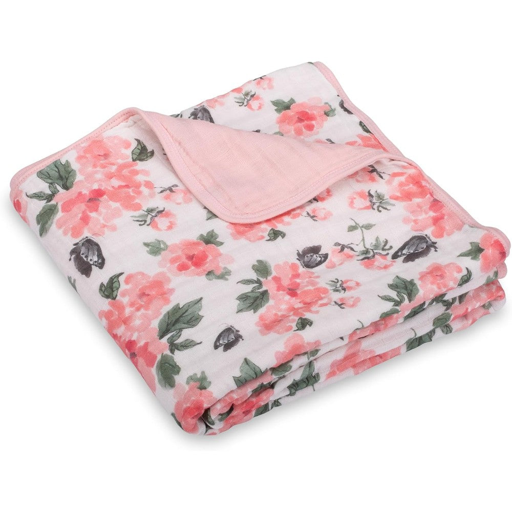 LollyBanks organic cotton muslin baby blanket front view showing pink peony print