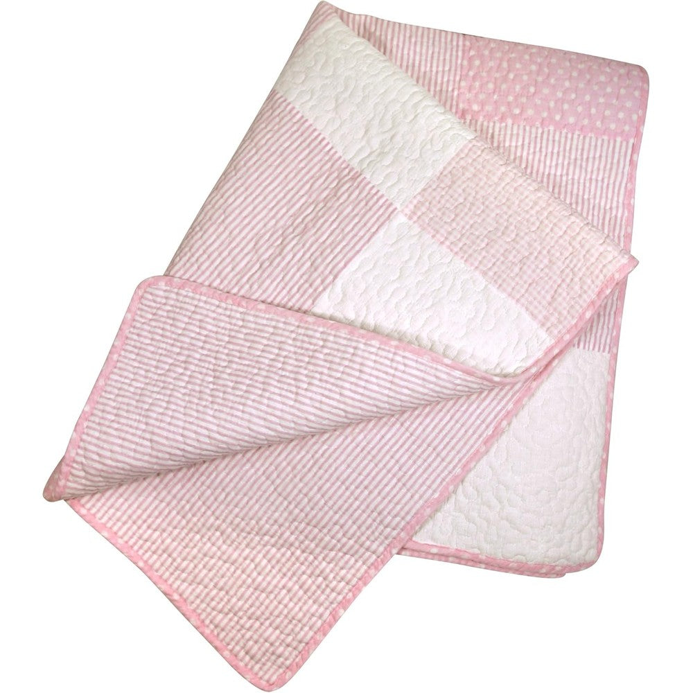 Stephan Baby Heirloom Quality Pieced Crib Quilt front view showcasing pink and white patchwork dots and stripes.