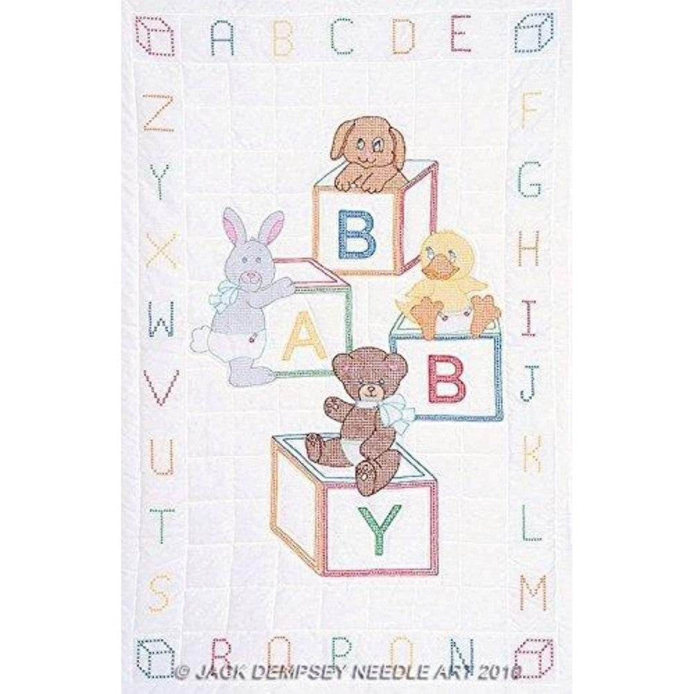 Jack Dempsey Needle Art Baby Blocks Crib Quilt Top front view showing the preprinted white fabric sheet.
