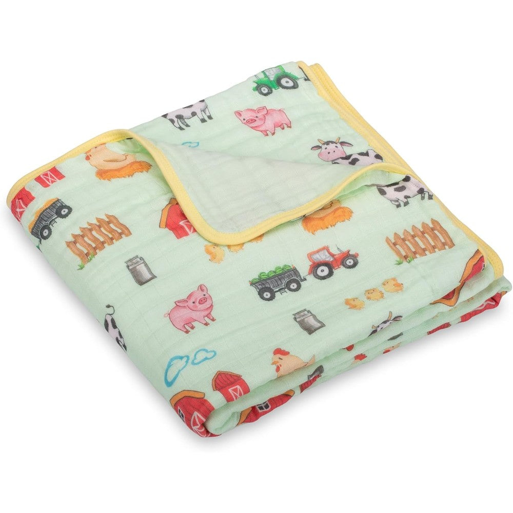 LollyBanks organic cotton muslin baby blanket front view showing the full farm theme print