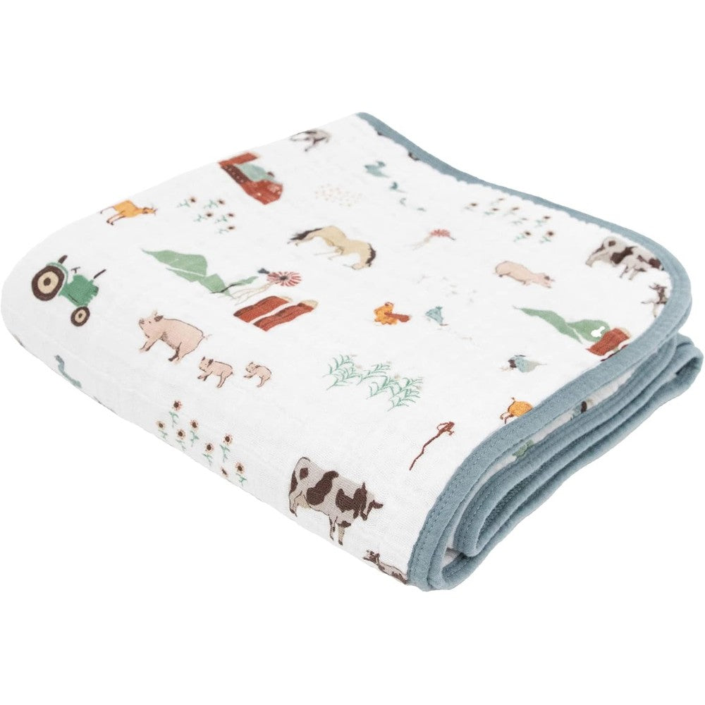 Little Unicorn muslin quilt blanket in farmyard print front view