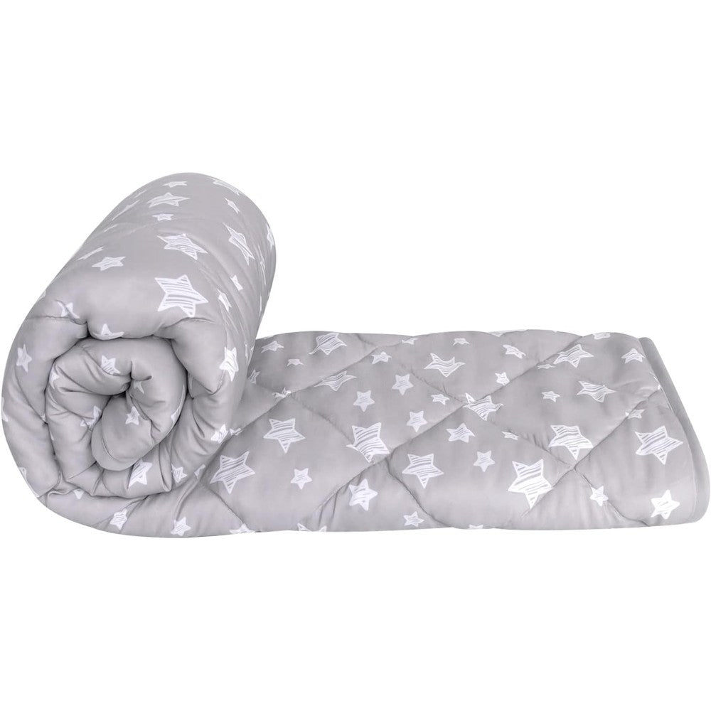 Moonsea baby blanket front view showing grey star print quilted pattern