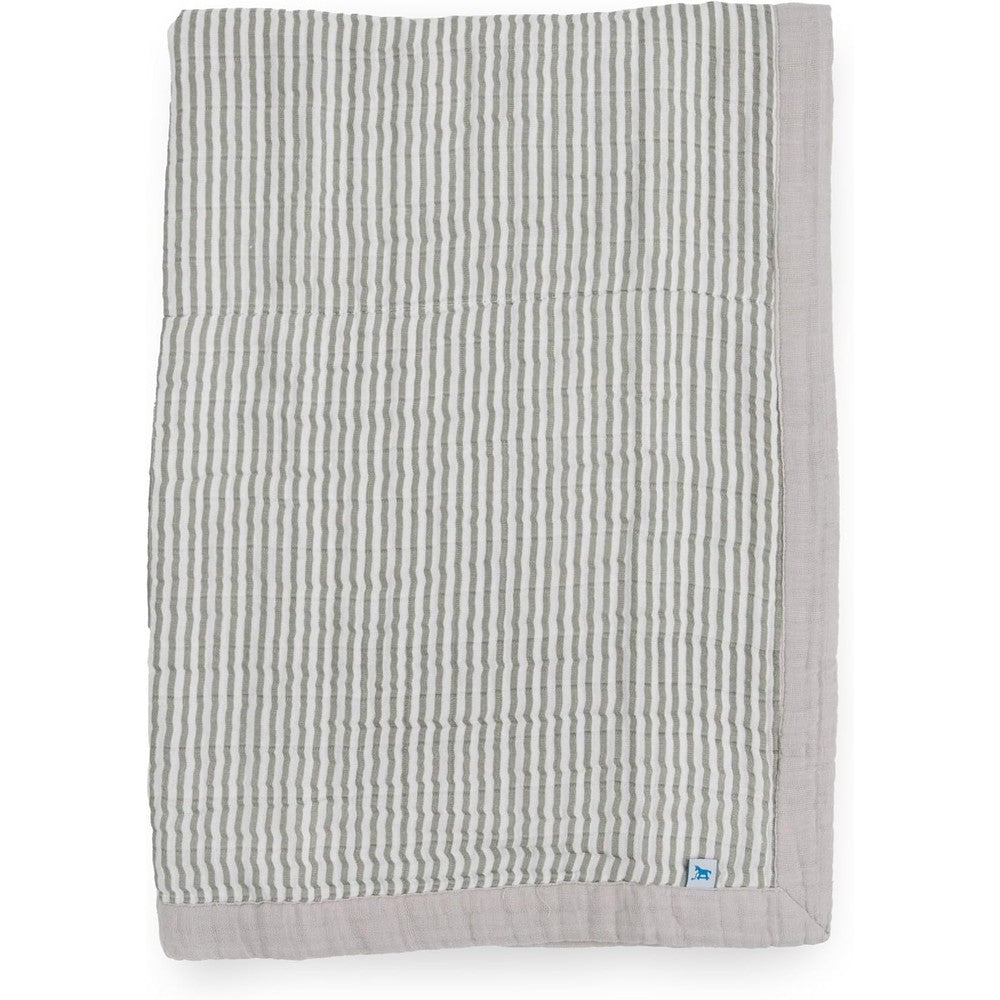 Little Unicorn newborn receiving quilt front view in grey stripe print.
