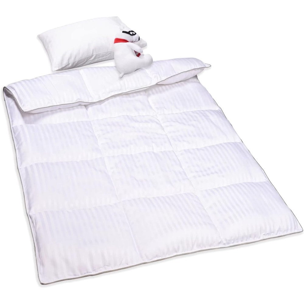 ZPECC Toddler Down Alternative Comforter front view featuring white stripe design in a nursery crib.