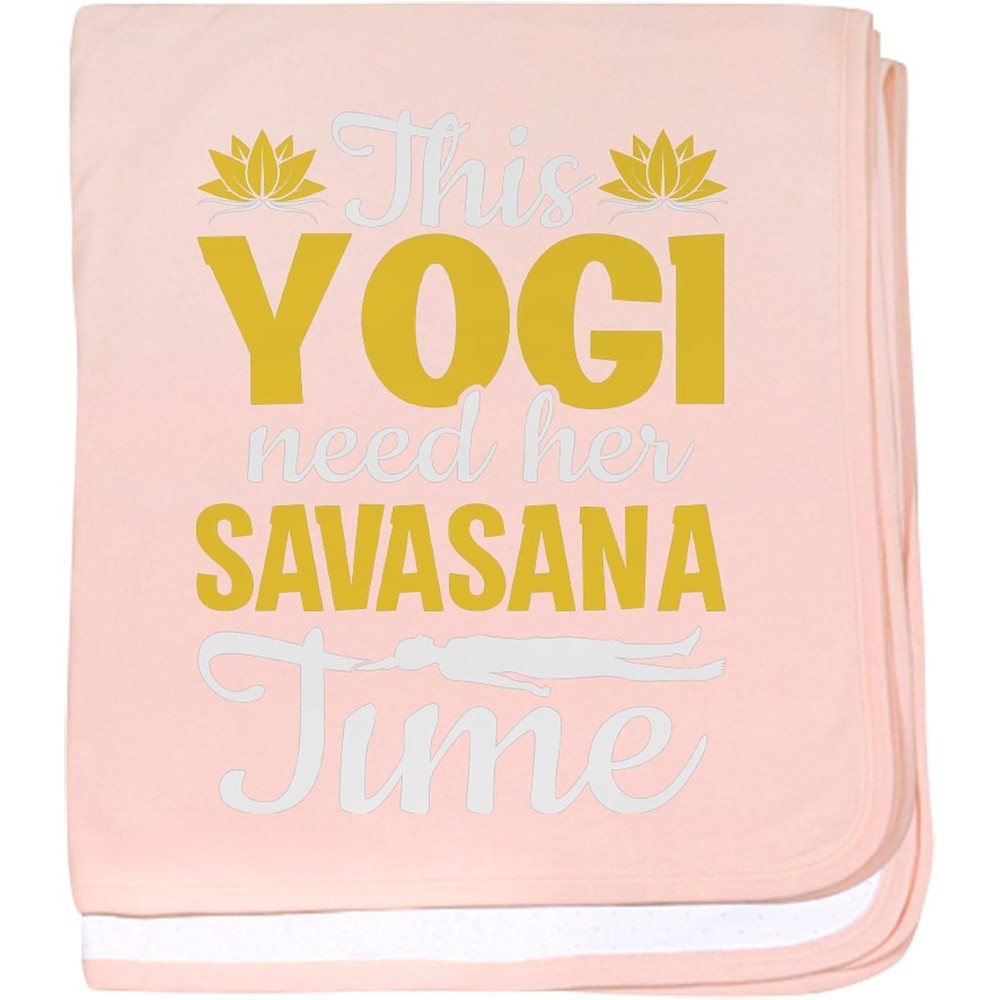 CafePress Meditation Yogi Needs Her Savasana Baby Blanket front view showcasing the petal pink cotton fabric and graphic print.