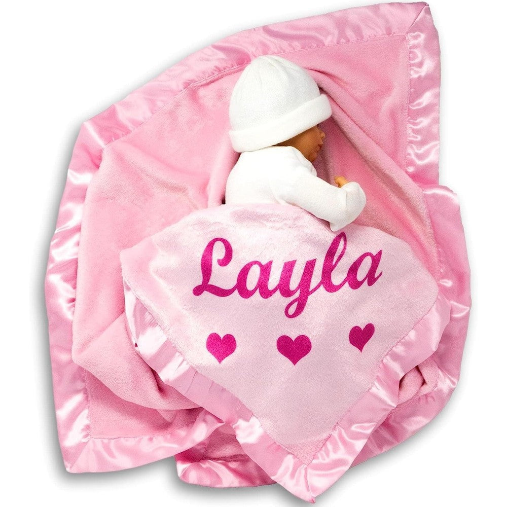 Munific personalized pink baby blanket front view with custom name