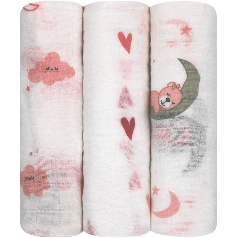 LMED Babyland 3-pack muslin cotton baby receiving cloths front view