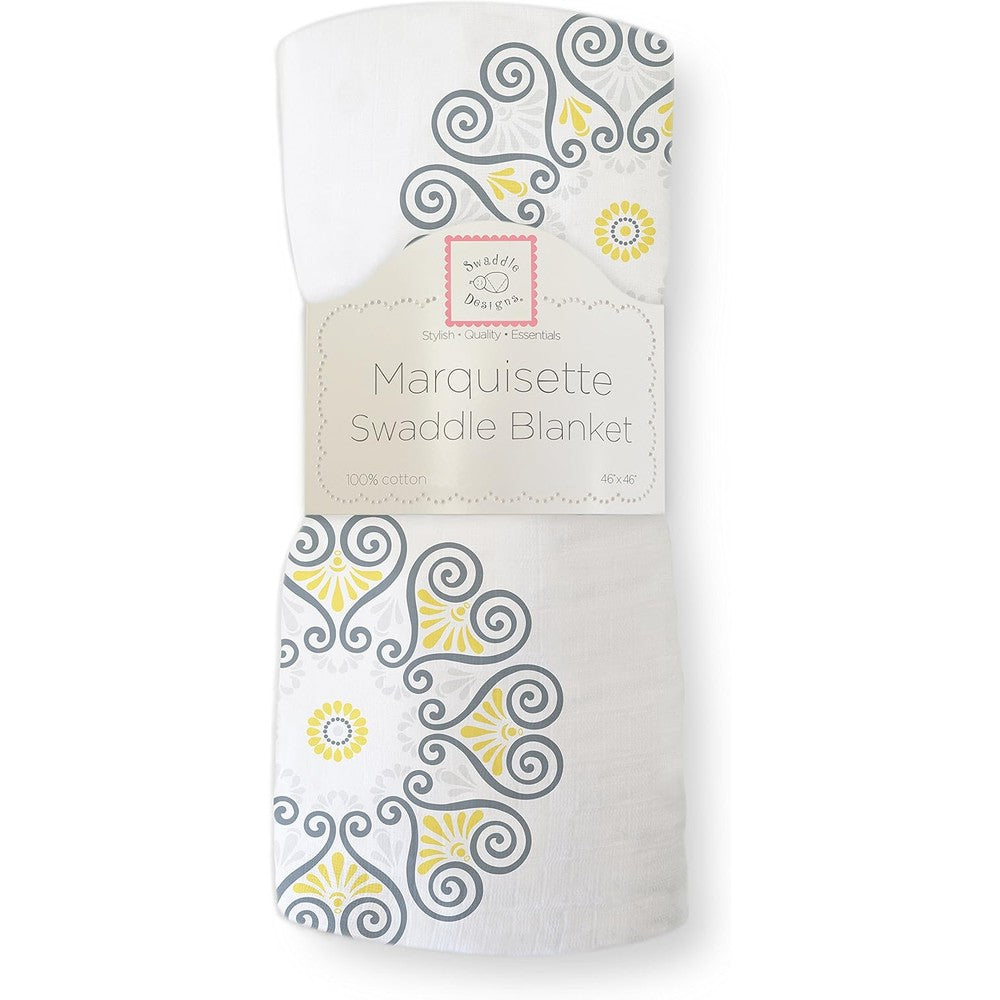 SwaddleDesigns Marquisette swaddle blanket in Yellow Medallions front view