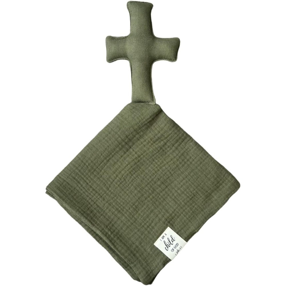 Generic Cross Lovey front view showing the embroidered detail and soft olive muslin fabric.