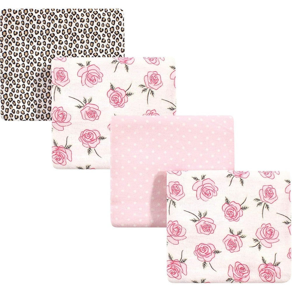 Little Treasure Baby Cotton Flannel Receiving Blankets Rose Leopard 4-Pack front view nursery essentials