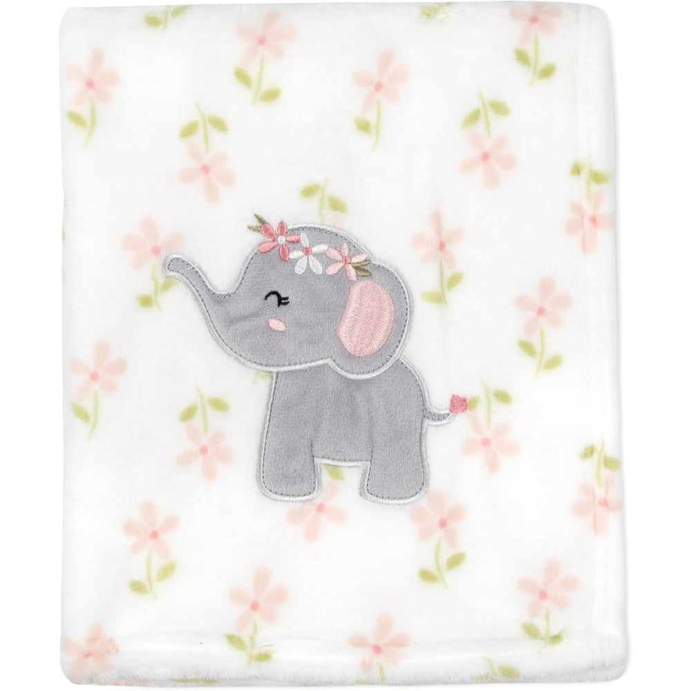 Baby Essentials plush floral elephant fleece blanket front view