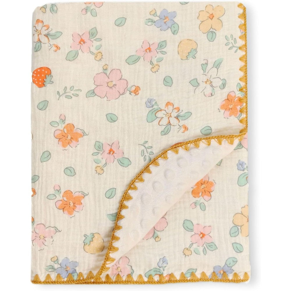 Gunnaicat baby muslin swaddle blanket with strawberry flower print front view