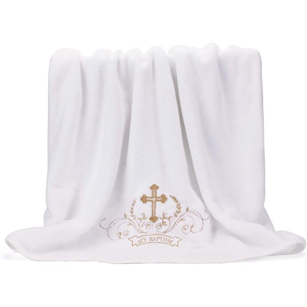 Estamico My Baptism white blanket with gold embroidered cross front view