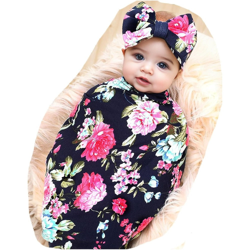 Galabloomer Newborn Flower Print Receiving Blanket And Headband Set In Navy Blue Rose Floral Design For Infants Up To Three Months - Image 1