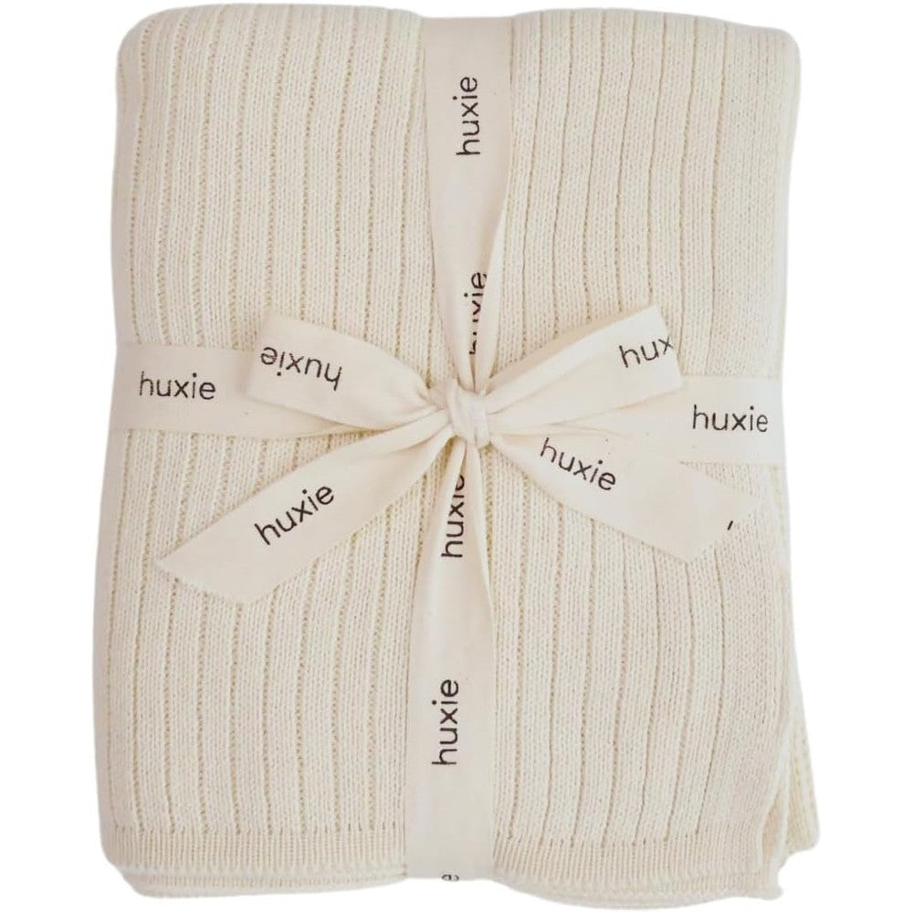 Huxie Knitted Organic Cotton Baby Blanket in Soft White front view