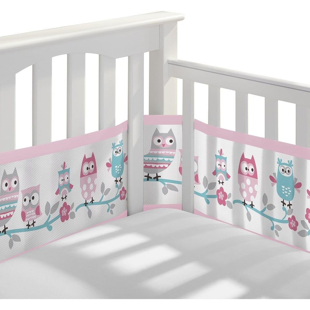 BreathableBaby breathable mesh crib liner owl fun pink front view