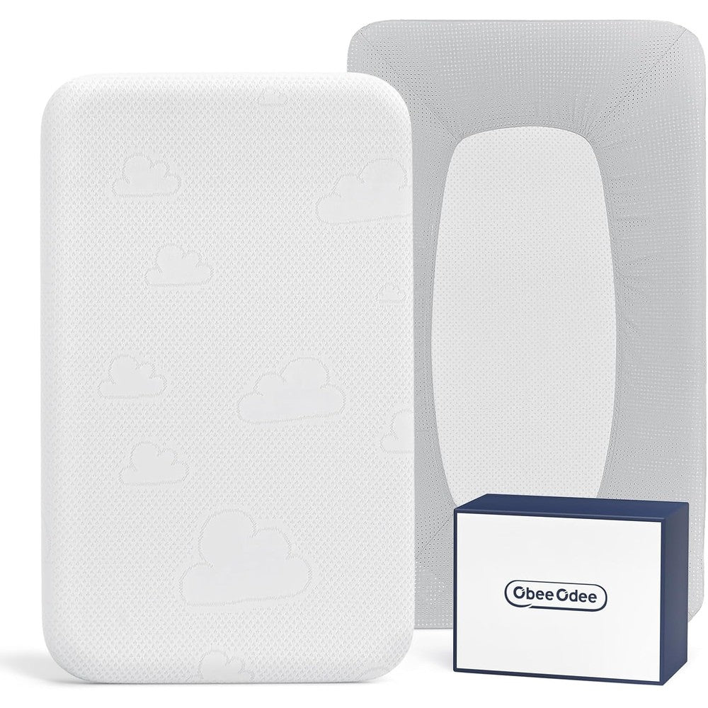 Obee Odee mini crib mattress front view with gray cover