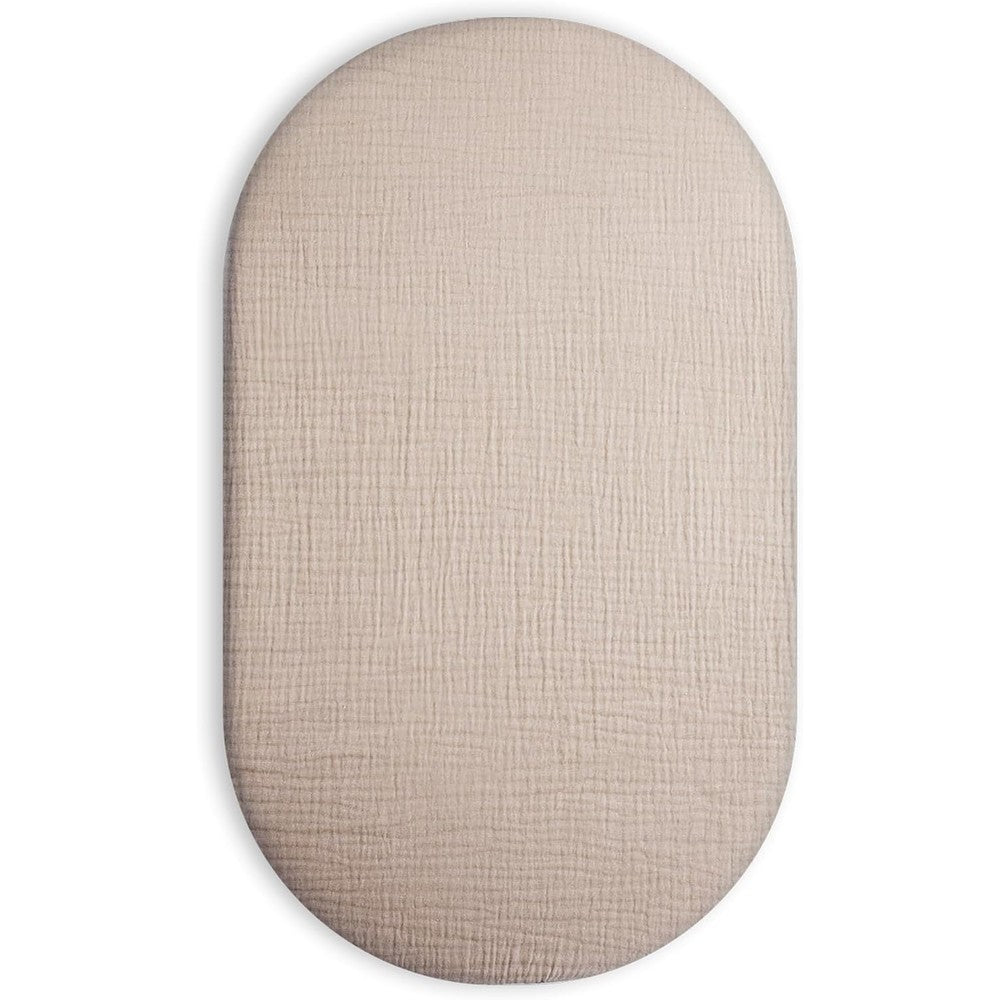 Meowcards muslin bassinet fitted sheet in beige front view