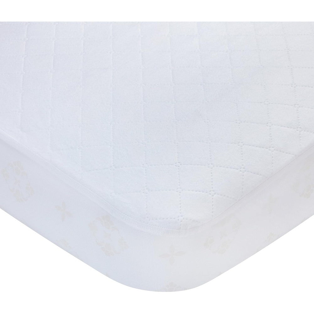 Carter's waterproof fitted quilted crib mattress pad cover in white showing full top view.