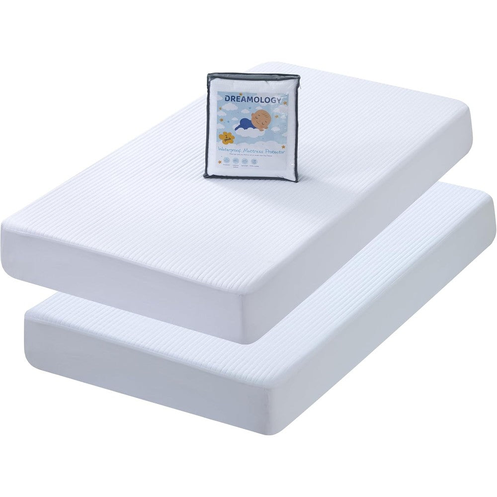 Dreamology mini crib mattress protector two pack front view showcasing quilted white fabric texture.