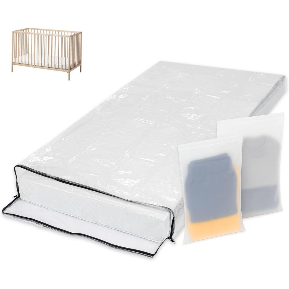 Wenses heavy duty zippered crib mattress storage bag front view clear plastic cover protecting baby mattress