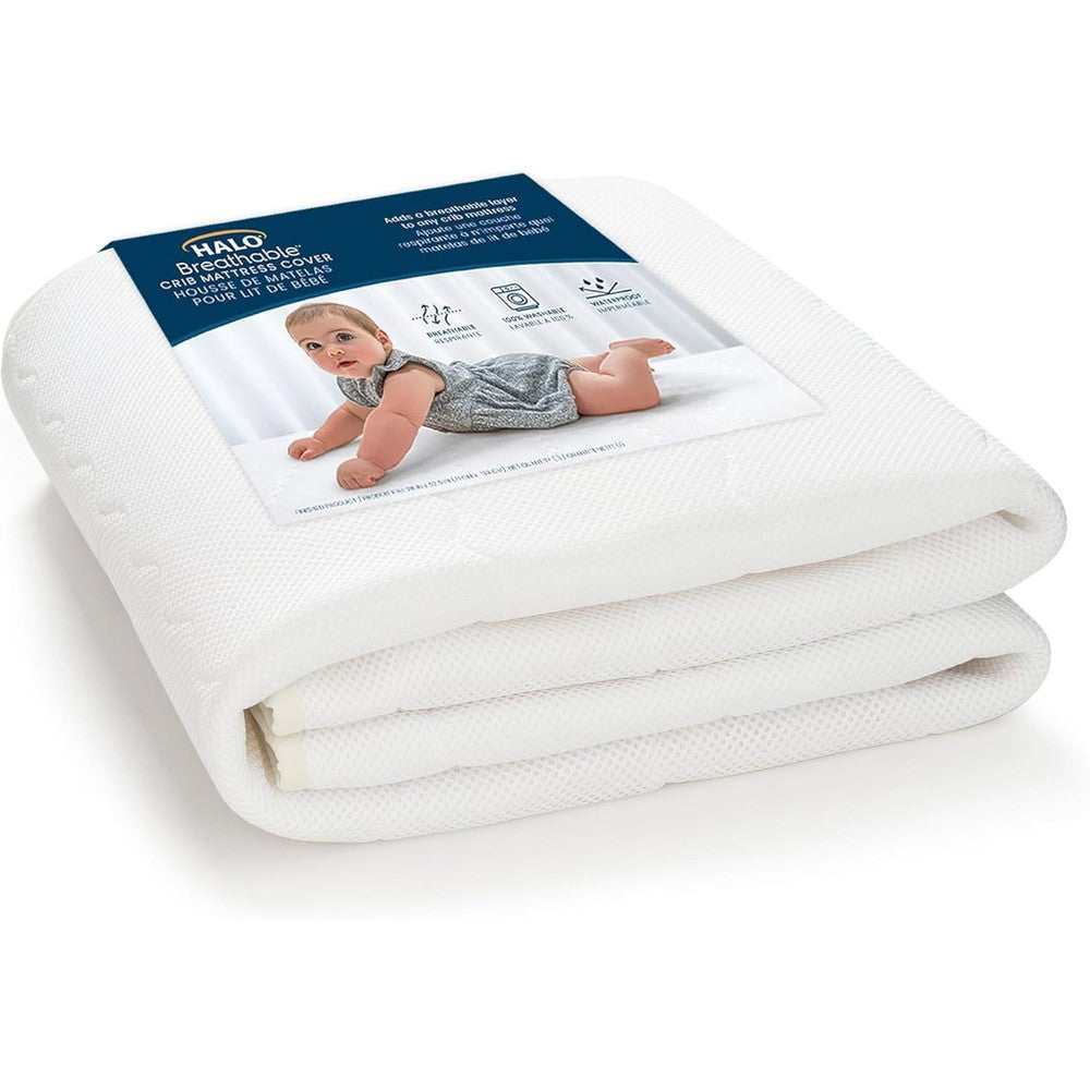HALO Breathable Crib Mattress Cover front view on standard mattress