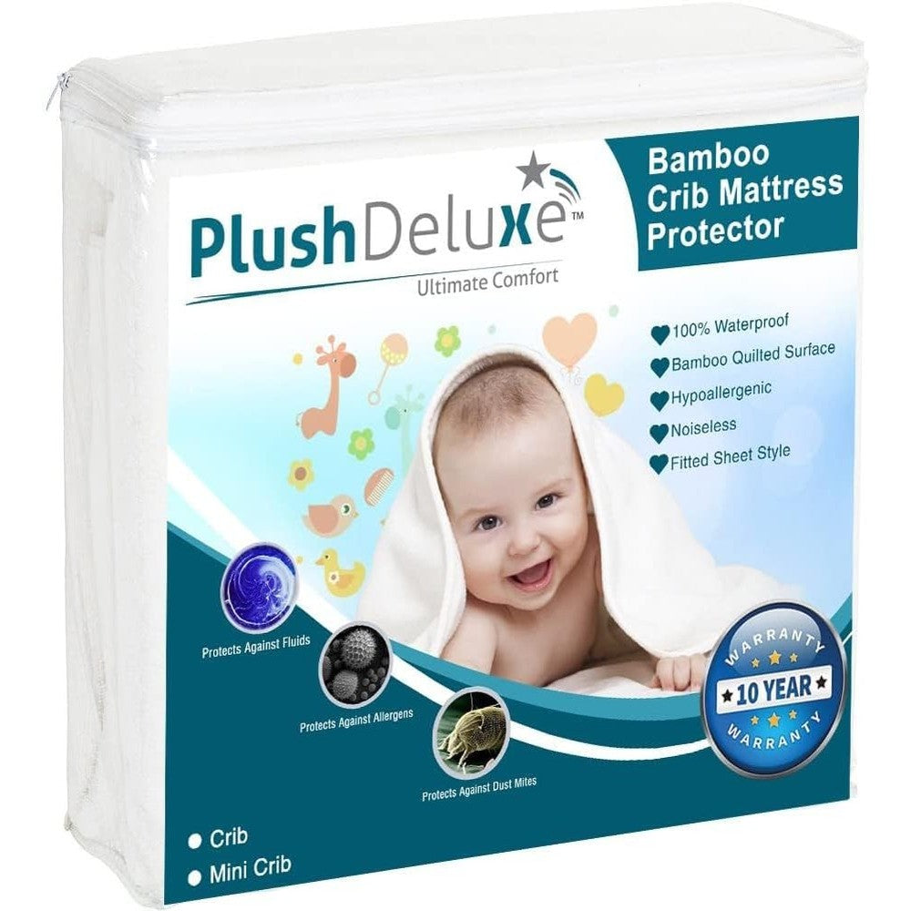 PlushDeluxe Mini Crib Mattress Protector front view showing quilted white terry texture.