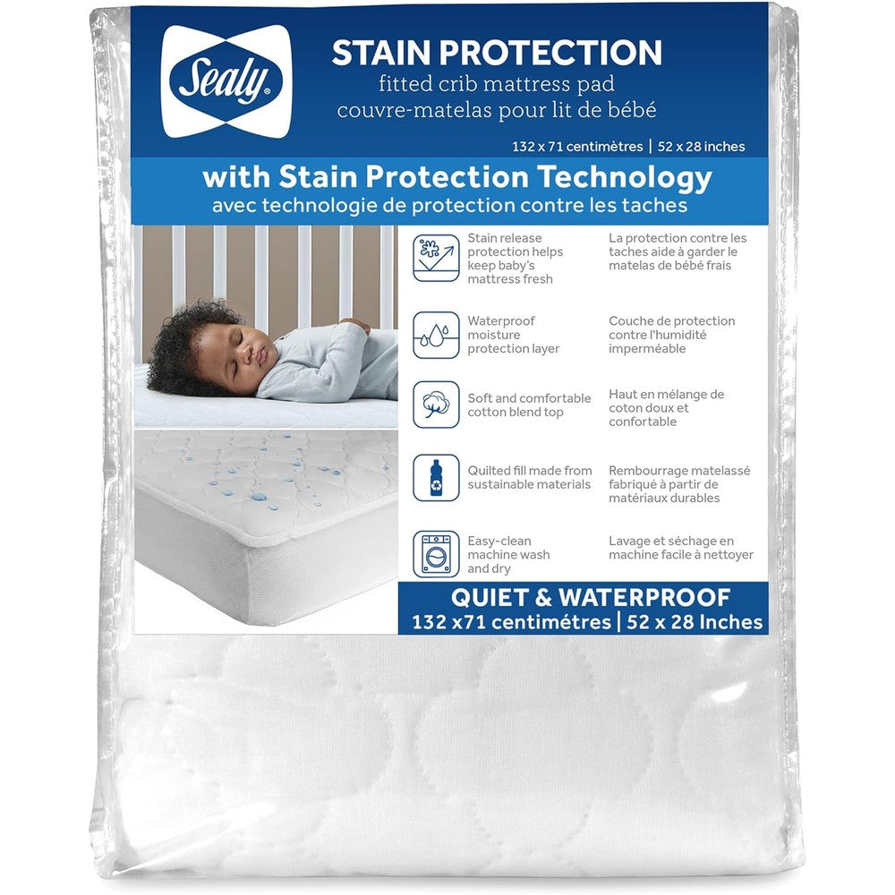 Sealy Baby stain protection waterproof crib mattress protector front view showcasing the quilted surface packaging