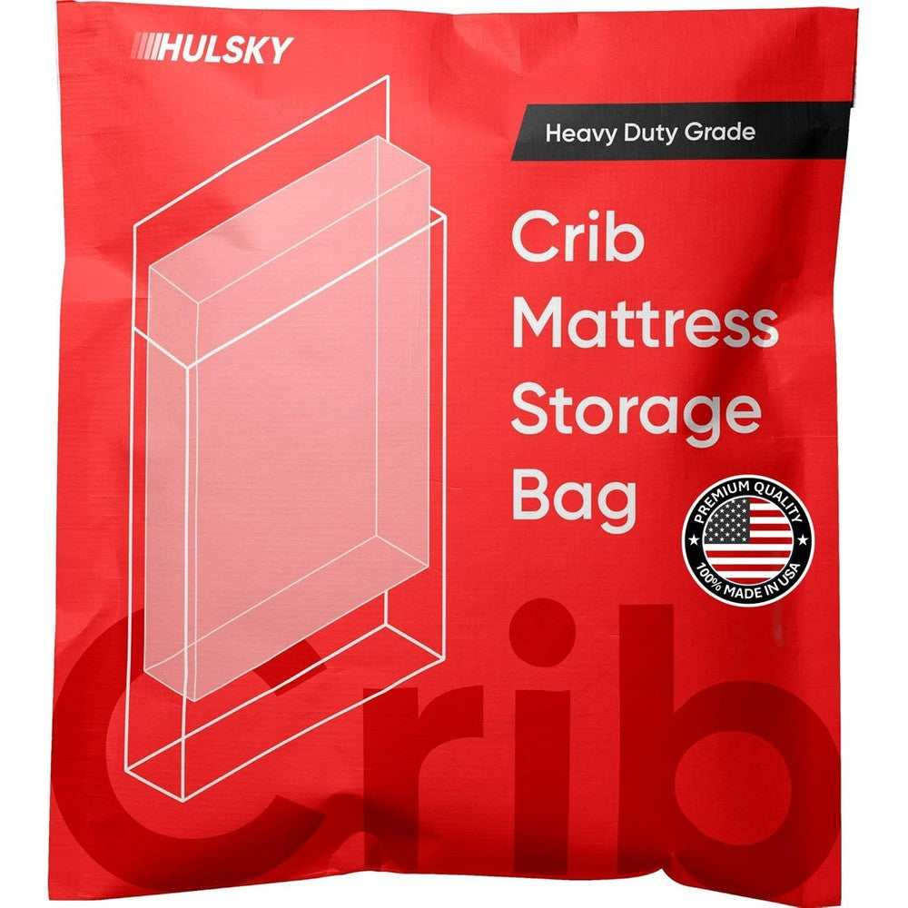 Hulsky crib mattress storage bag front view showcasing heavy duty 4 Mil thick clear plastic packaging.