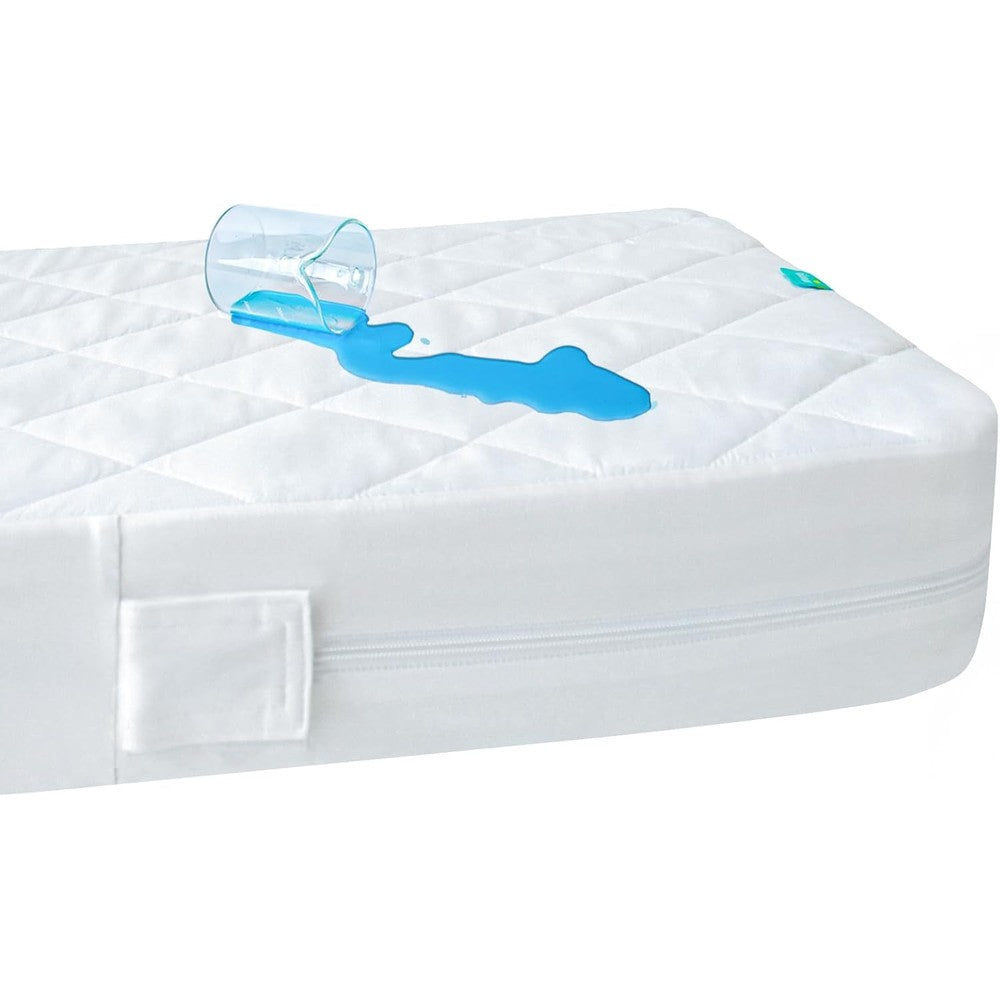Biloban zippered crib mattress protector front view showcasing the white quilted surface