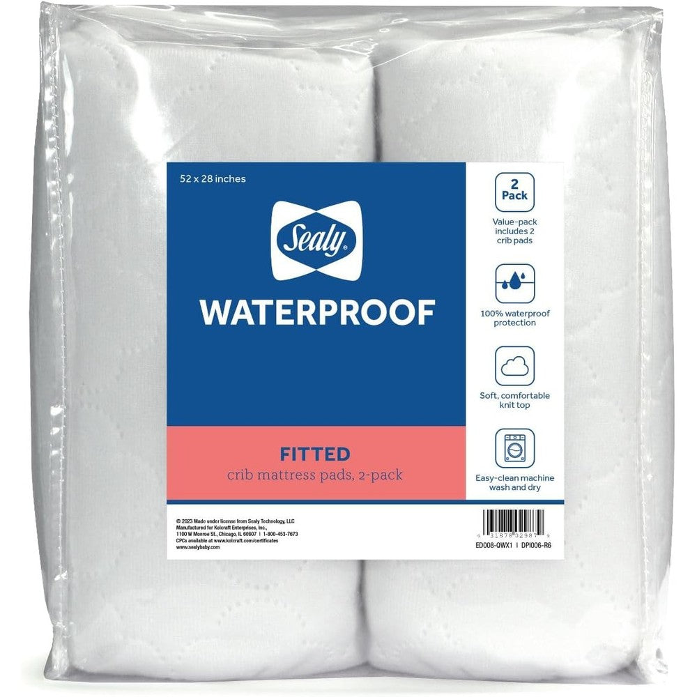 Sealy Baby fitted waterproof infant crib mattress protector pad two pack front view packaging