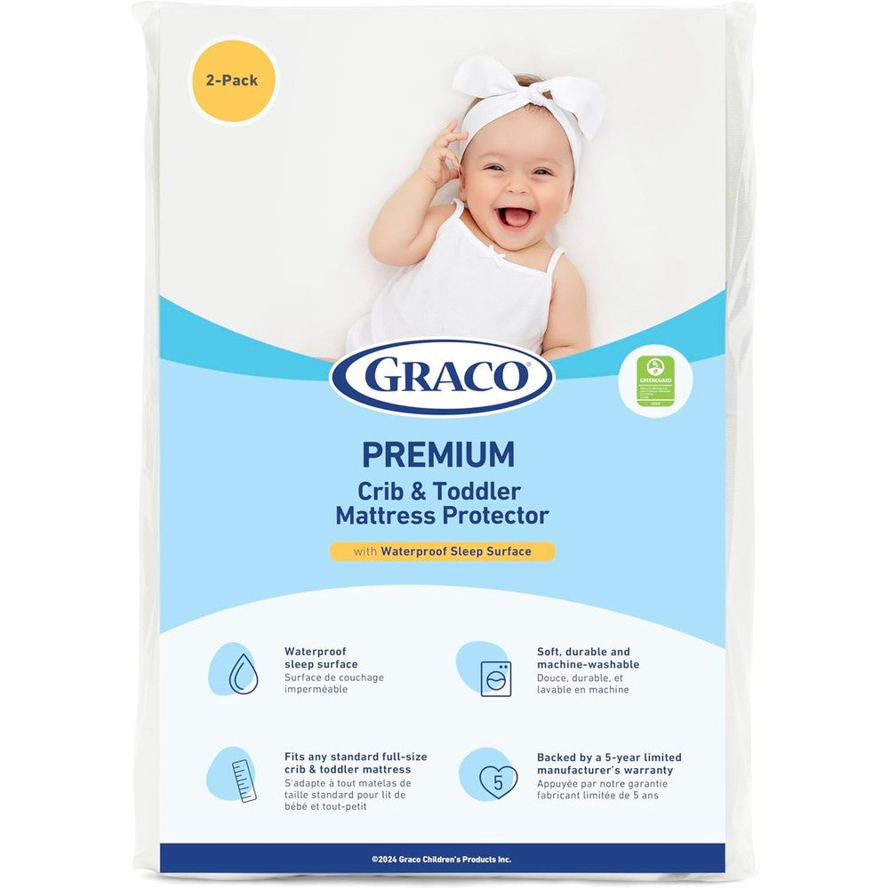 Graco Premium Waterproof Crib and Toddler Mattress Protector front view on nursery bedding.