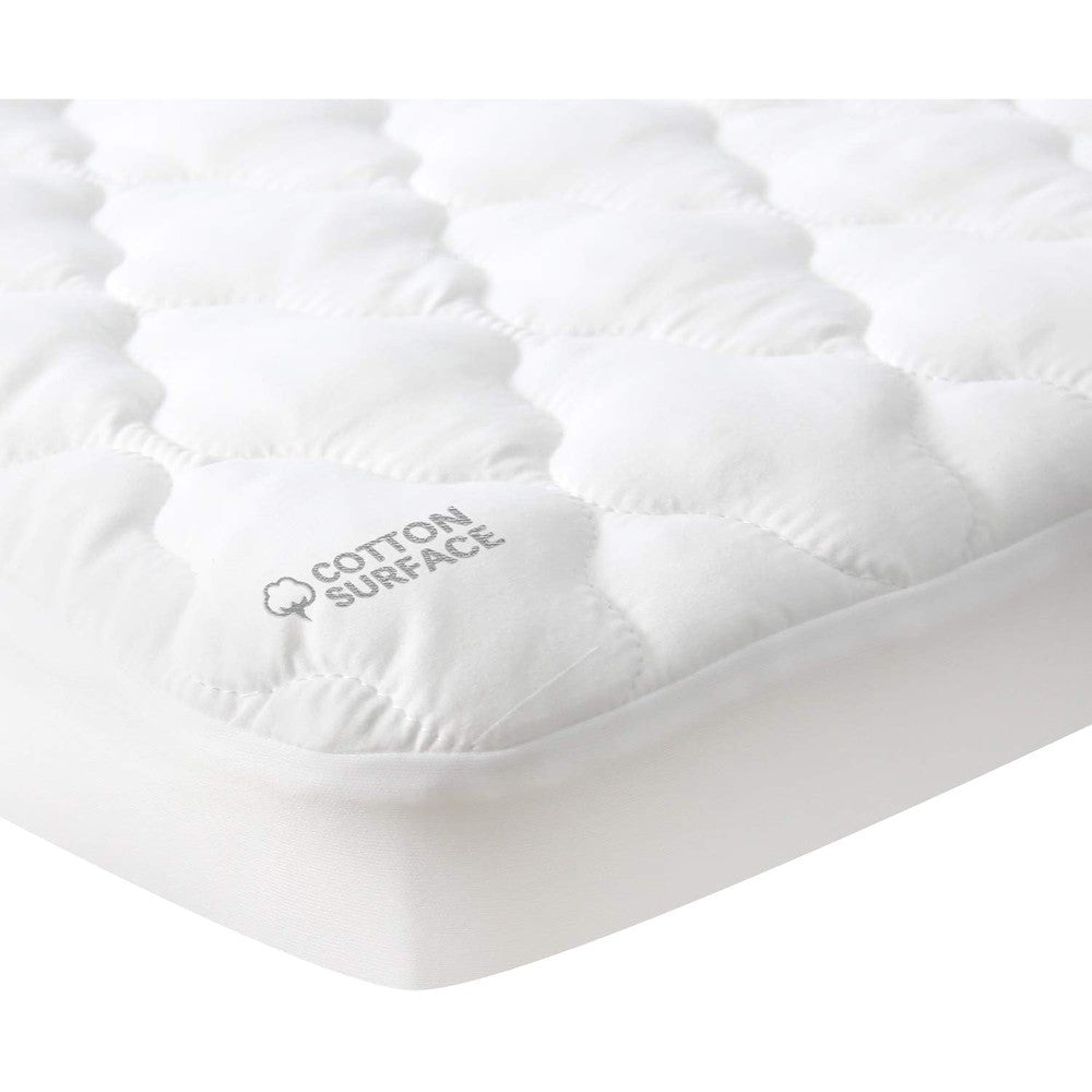 Moonsea waterproof pack and play mattress pad protector front view showcasing the white quilted diamond pattern cotton fabric surface.
