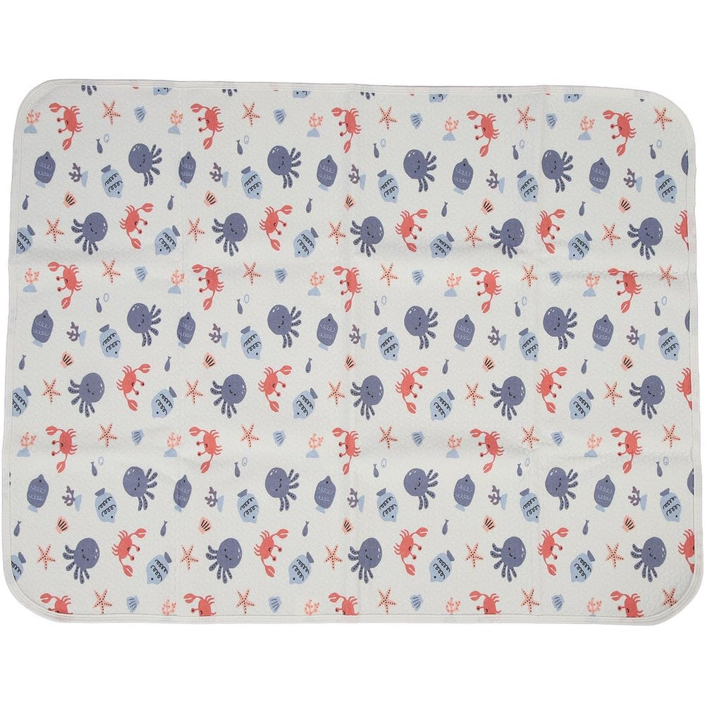 Unbranded waterproof incontinence bed pad front view with marine pattern
