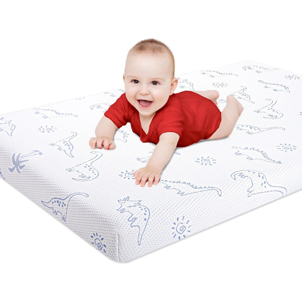 Mochen pack and play mattress front view with dinosaur cover