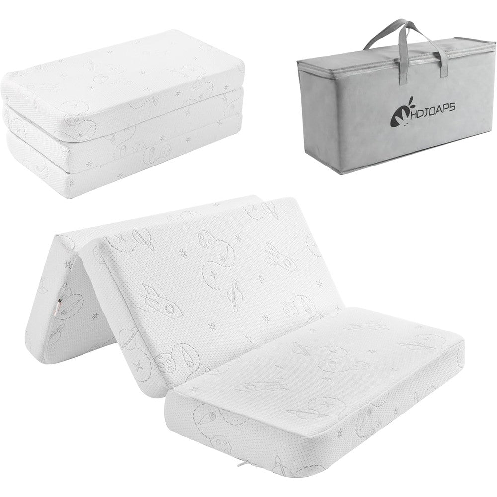 HDJOAPS trifold pack and play mattress front view expanded inside a playpen