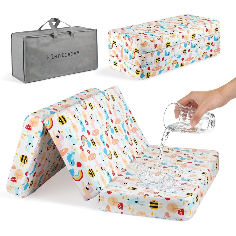 PlentiVive trifold pack and play mattress front view showcasing the breathable white jacquard cover pattern