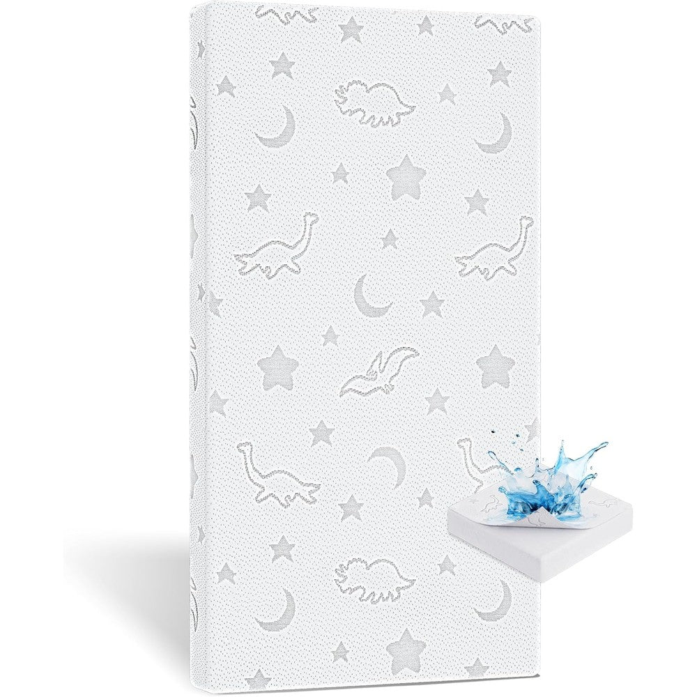 SJEUQOP high density foam crib mattress front view in a white nursery room