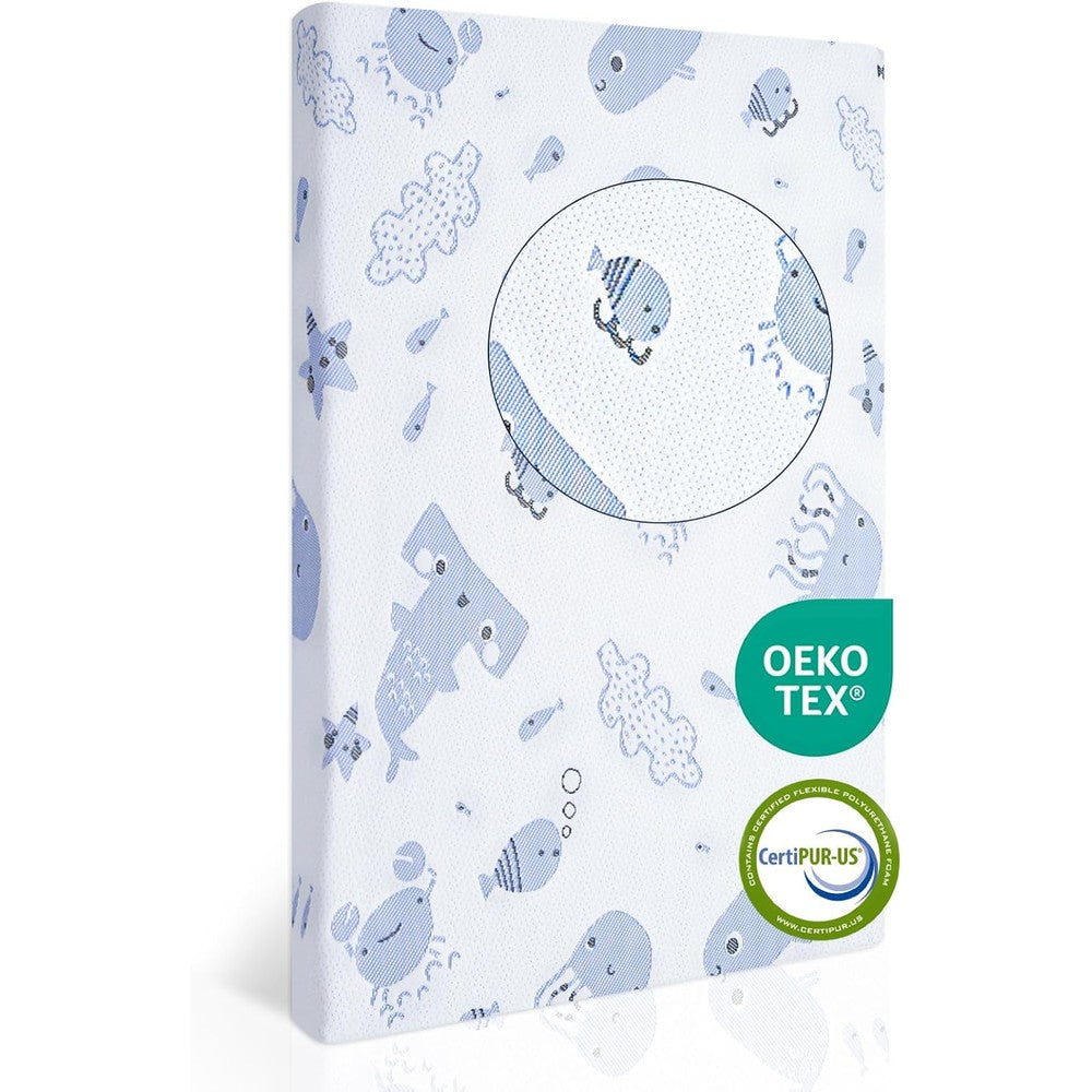 EZKLRWGF pack and play mattress front view showing the sea animal patterned cover.