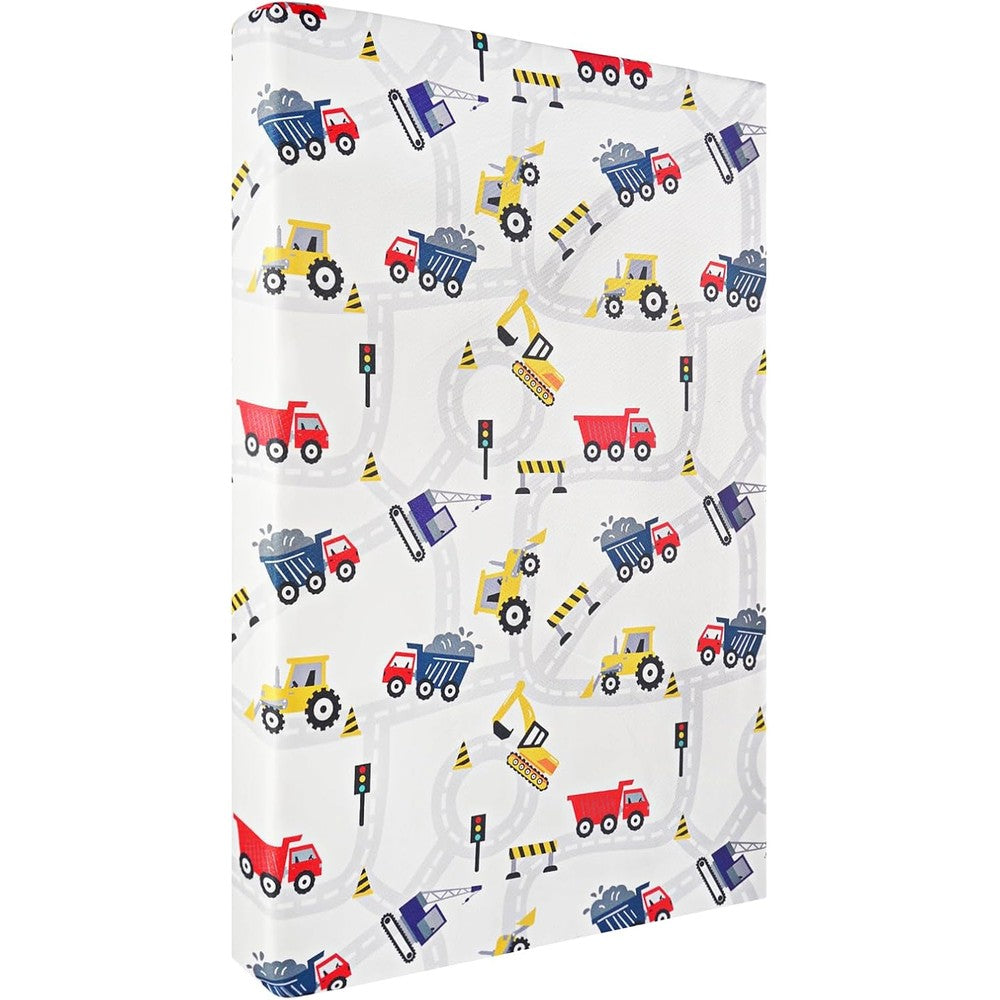 Viviland Pack n Play Mattress front view with construction truck print layout.