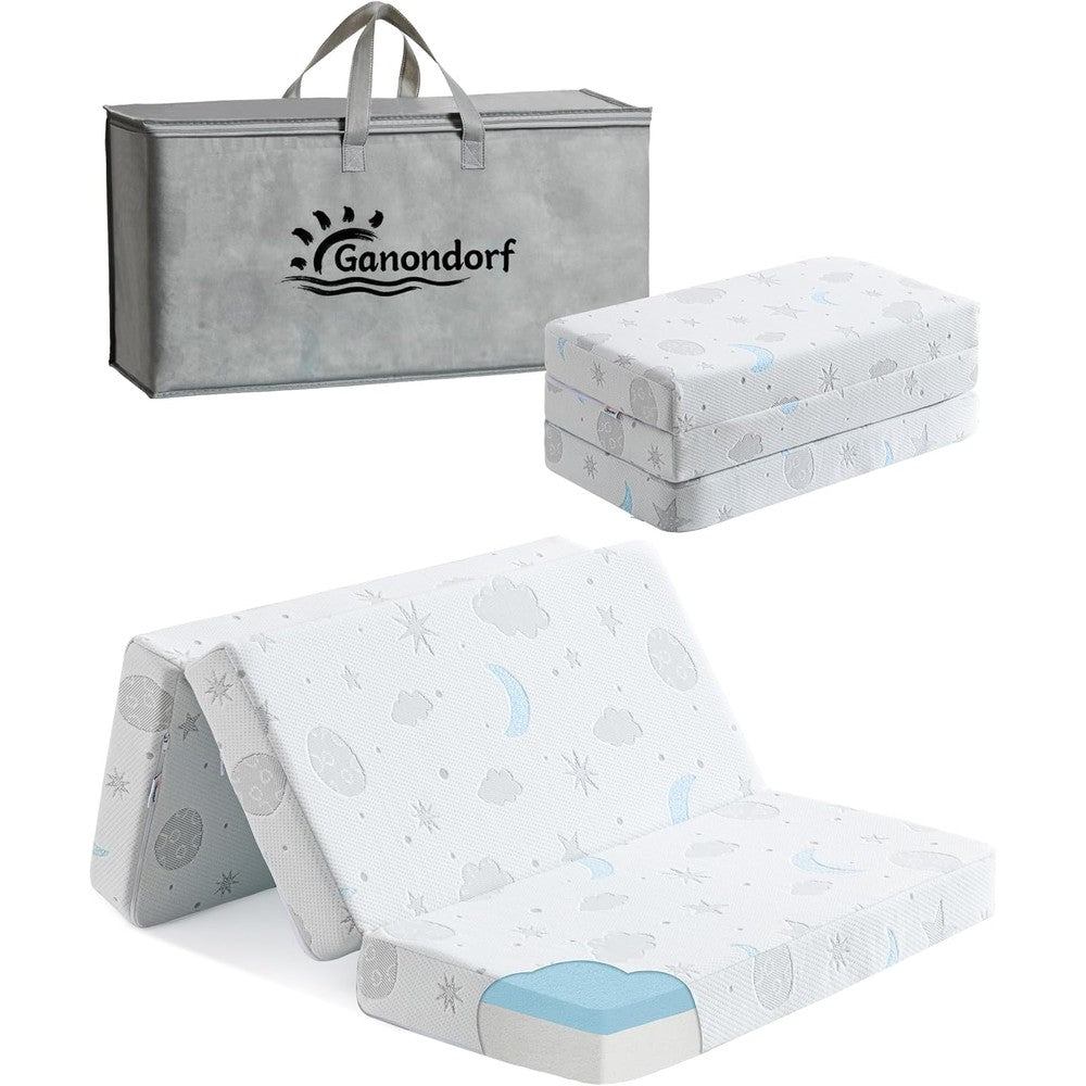 Ganondorf trifold pack and play mattress front view fully expanded inside a standard baby playard