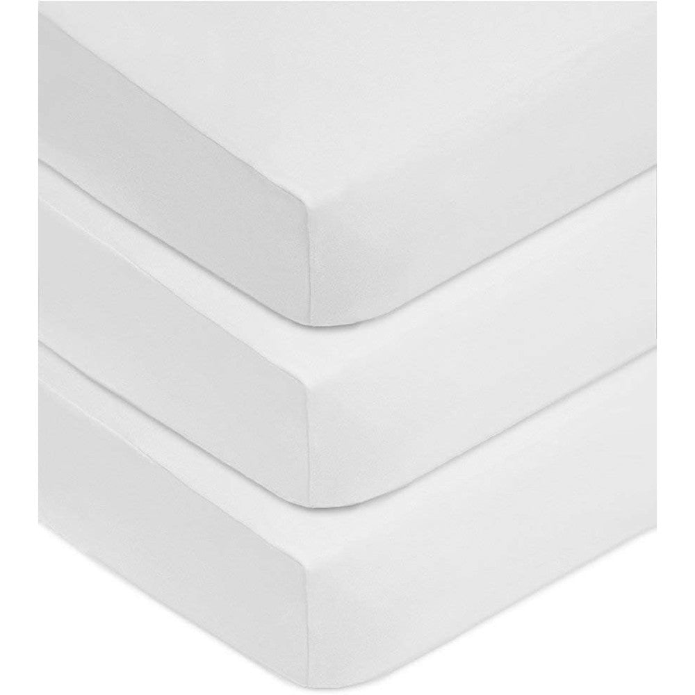 American Baby Company 3 pack cotton fitted crib sheets front view showing the crisp white fabric texture.