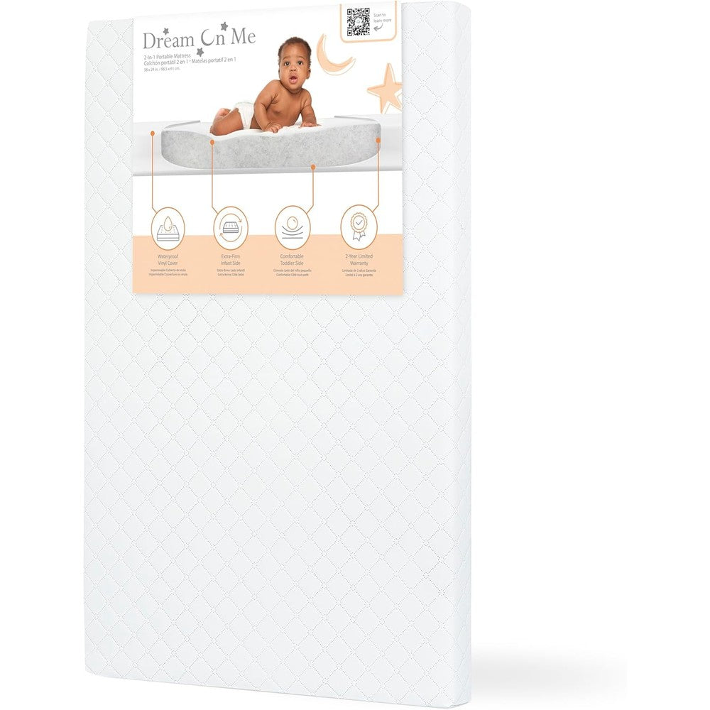 Dream On Me Sunset extra firm mini crib mattress front view in white.