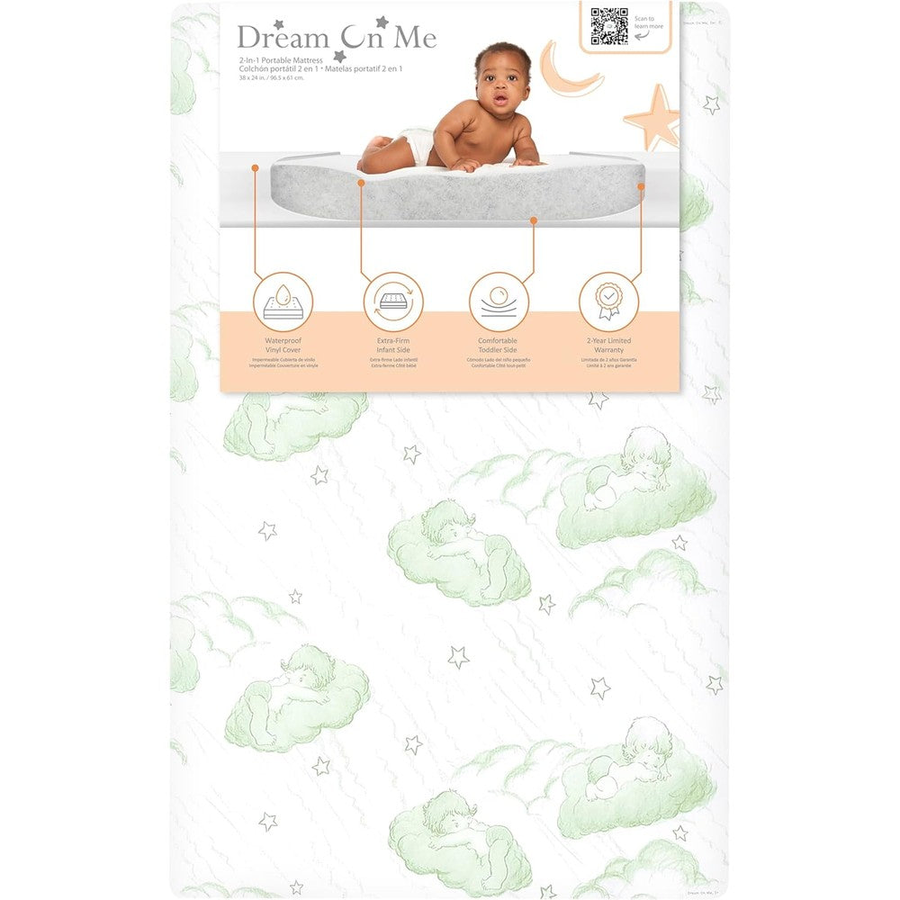 Dream On Me Aster mini crib mattress front view in green cloud print