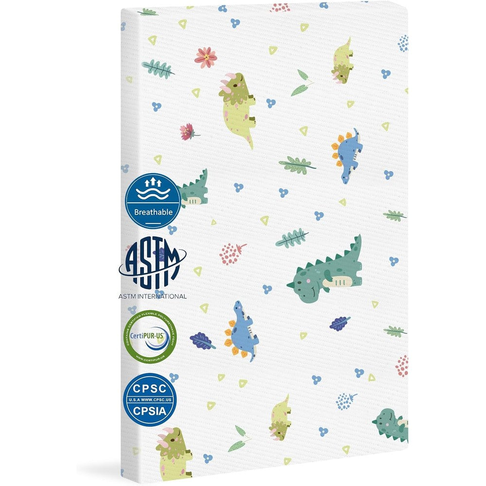 Ganondorf Pack and Play mattress with dinosaur print front view