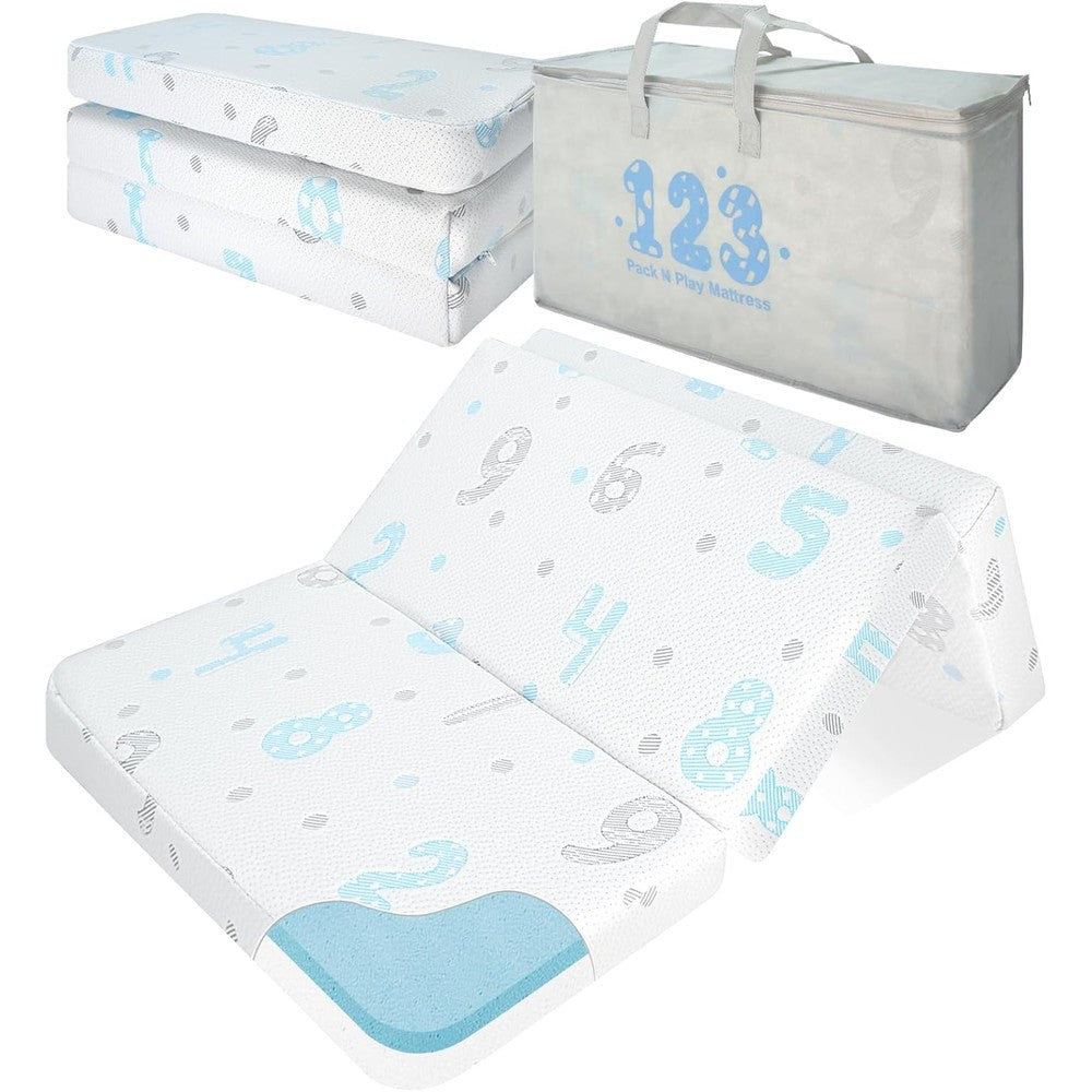 Voomf pack and play mattress front view with blue and white pattern