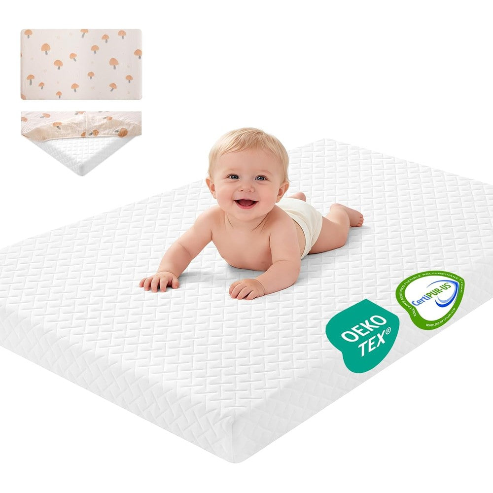 Voomf Dual-Sided Memory Foam Pack And Play Mattress Pad 38 Inch By 26 Inch With Extra Sheet For Portable Baby Cribs - Image 1
