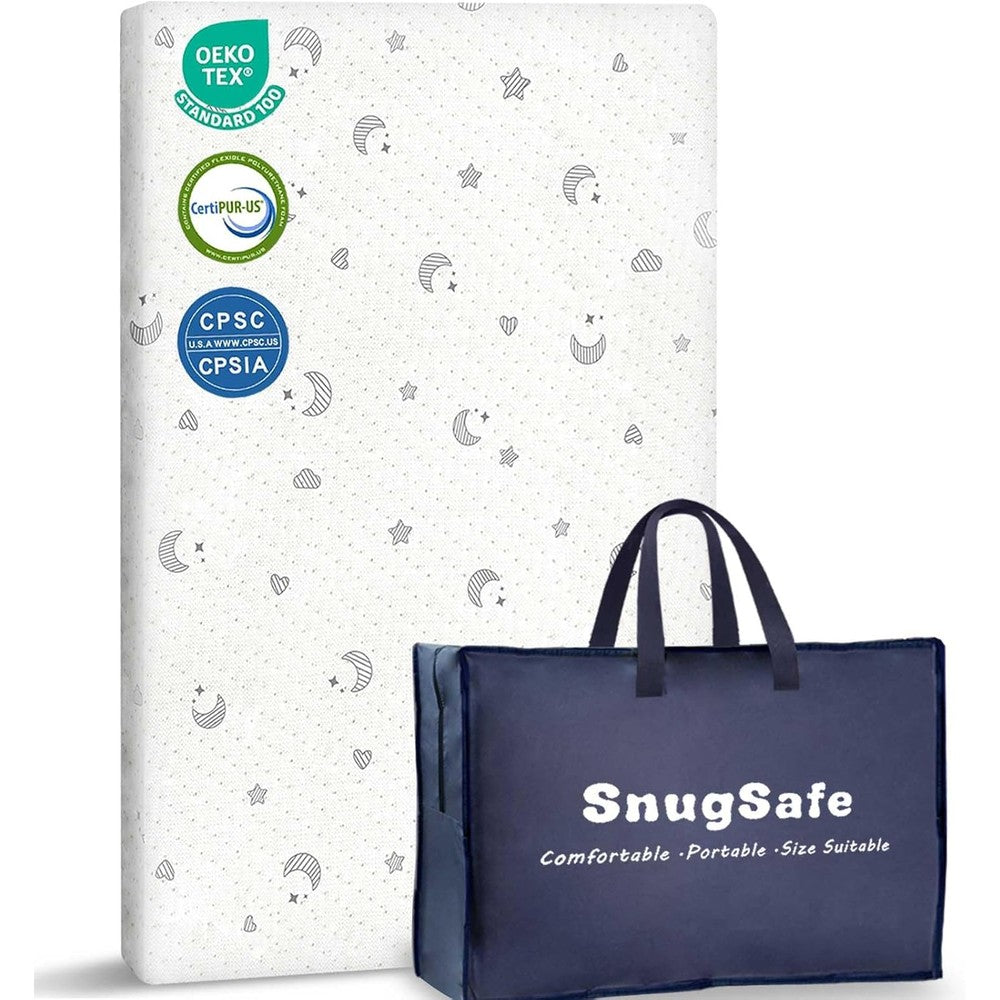 SnugSafe Pack and Play Mattress Pad front view with carry bag