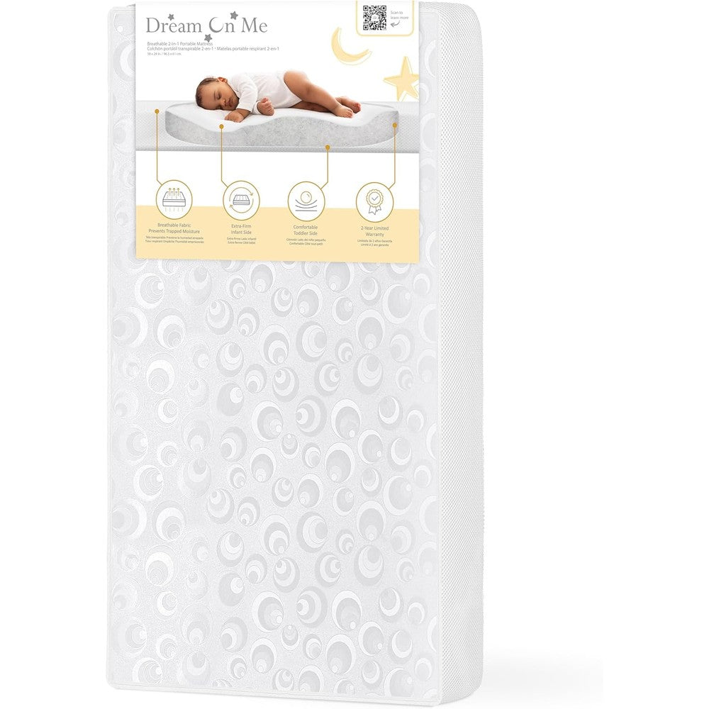Dream On Me 2-in-1 portable mini crib mattress front view white